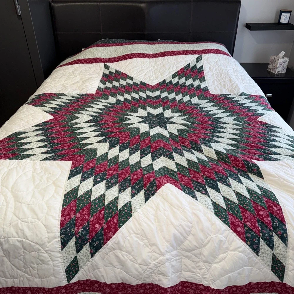 Handmade Lone Star Quilt Full Queen Burgundy Green Floral Patchwork Excellent‎